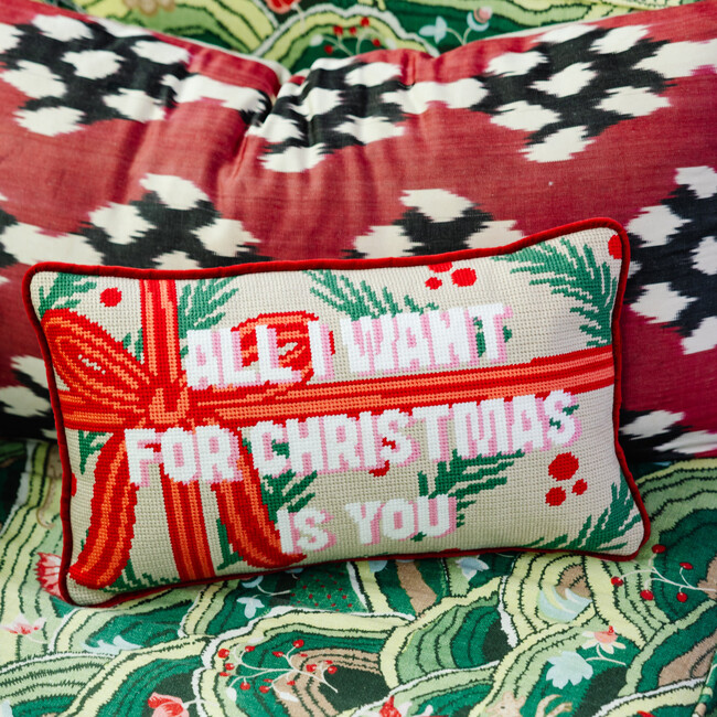 All I Want Needlepoint Pillow, Red, Beige, Green