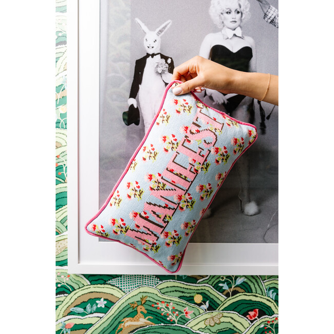 Manifest Needlepoint Pillow, Light Blue, Pink - Decorative Pillows - 3