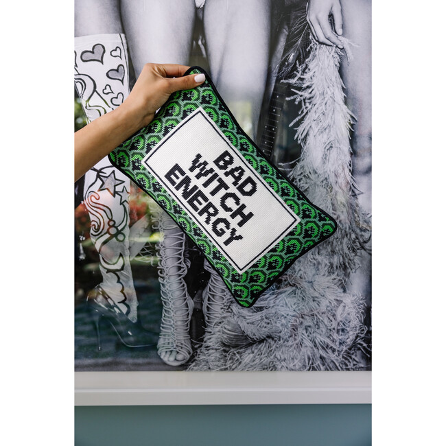 Bad Witch Energy Needlepoint Pillow, Green, Black - Decorative Pillows - 3