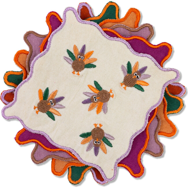 Fall Cocktail Napkin Set of 6, Green, Orange, Purple, White, Brown - Tabletop - 3