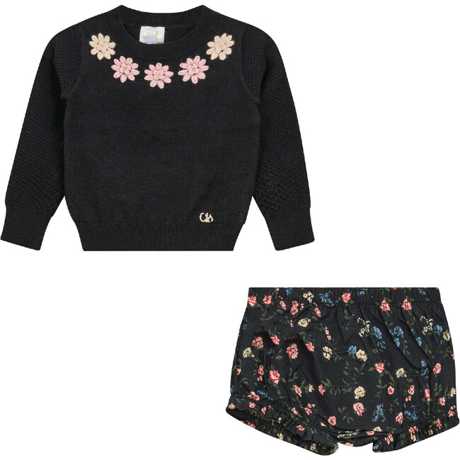 Flower Print Embroidered Set Black
