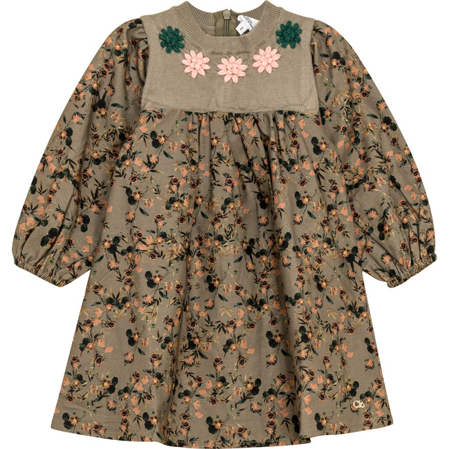 Flower Print Embroidered Dress Olive
