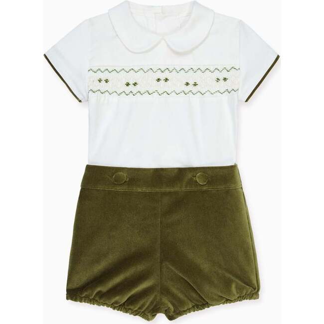 Green Bautista Velvet Baby Boy Hand-Smocked Set