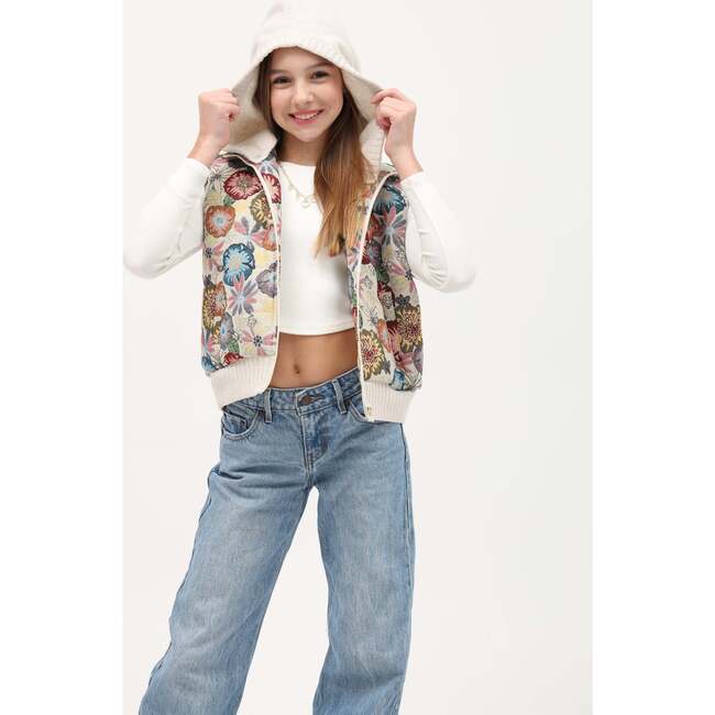 Tenly Tapestry Floral Puffer Vest Hoodie, Cream