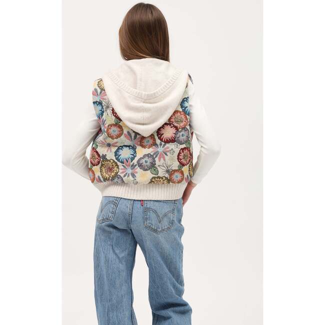 Tenly Tapestry Floral Puffer Vest Hoodie, Cream