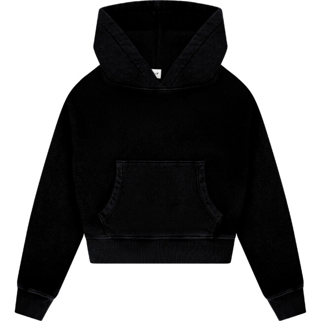 Tenly Cotton Fleece Cropped Kangaroo Pocket Hoodie, Black