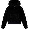 Tenly Cotton Fleece Cropped Kangaroo Pocket Hoodie, Black - Sweatshirts - 1 - thumbnail