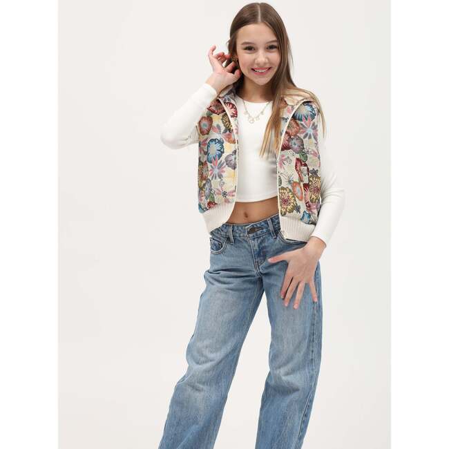 Tenly Tapestry Floral Puffer Vest Hoodie, Cream - Vests - 3