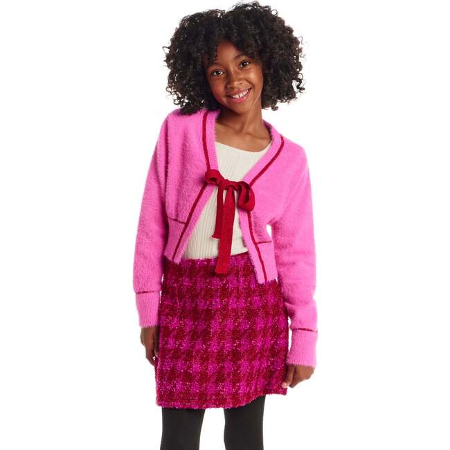Big Kids Cardigan Sweater W/Bow, Pink Eyelash - Mixed Apparel Set - 4