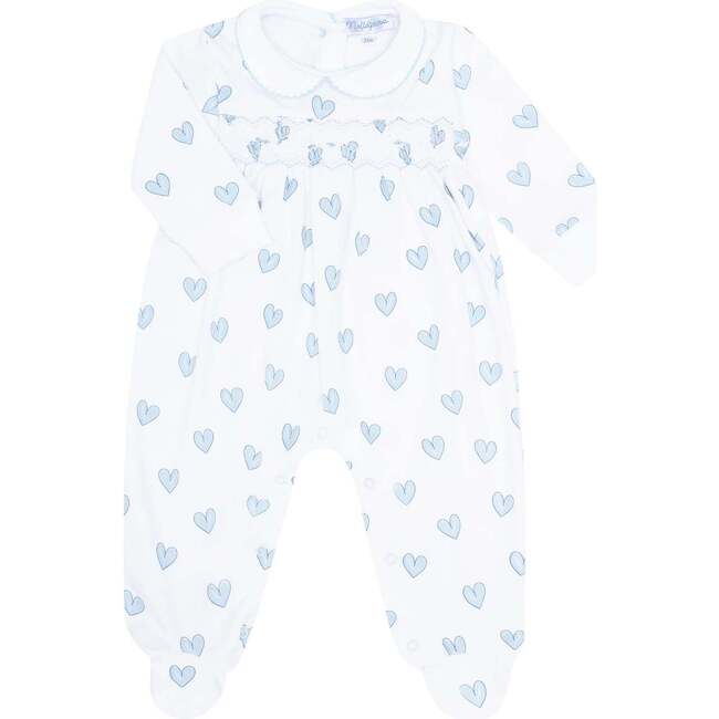 Blue Heart Print Smocked Footie