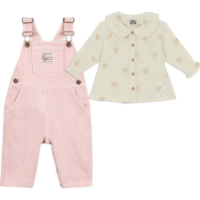 Sweet Hearts Blouse and Overalls Outfit Pink