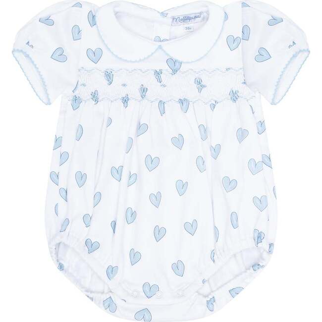 Blue Heart Print Smocked Bubble - Rompers - 4