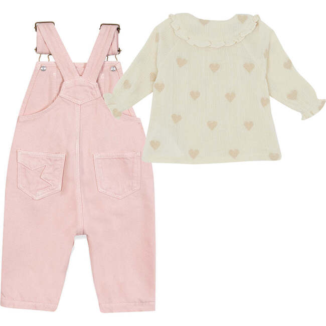 Sweet Hearts Blouse and Overalls Outfit Pink - Mixed Apparel Set - 3