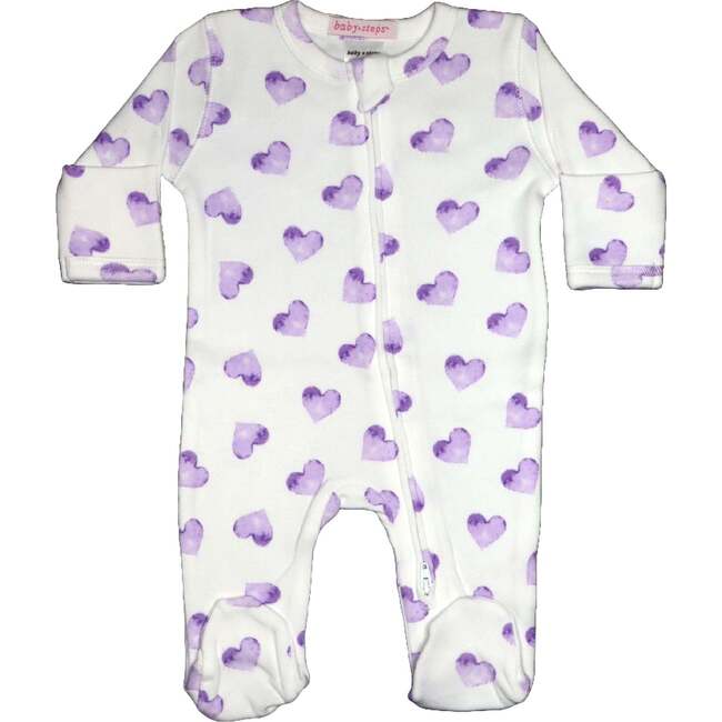 Baby Two-Way Zipper Footie, Lilac Watercolor Hearts
