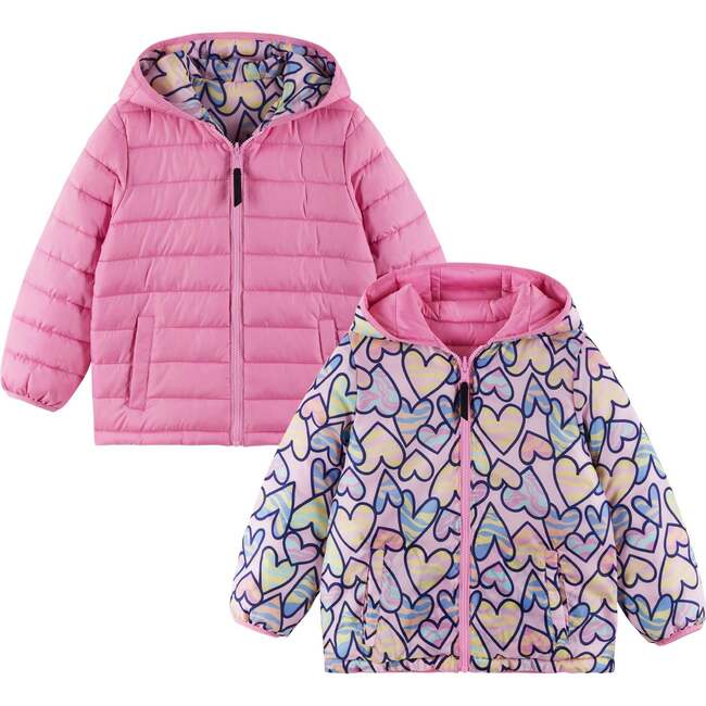 Kids Printed Reversible Puffer Jacket, Pink Hearts