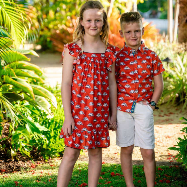 Flutter Sleeve Dress, Dinos in Tangerine
