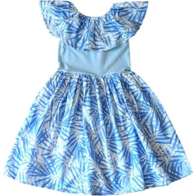 Tropical Palms Blue Mixed Fabric Ruffle Dress
