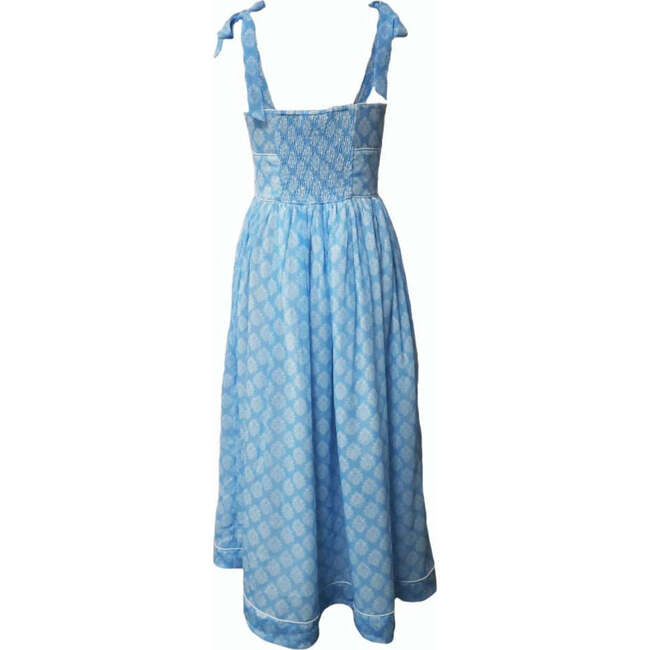 Women's Shirred Dress in Blue Block Print