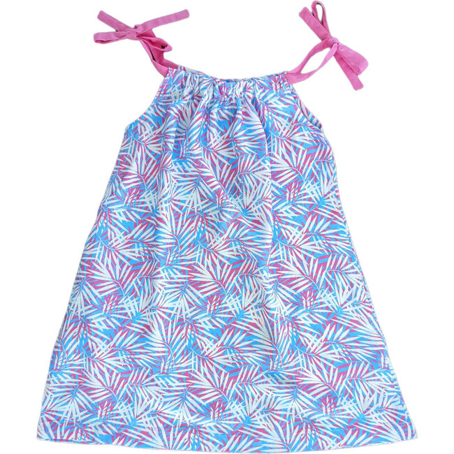 Tropical Palms Sleeveless Shoulder Tie Dress, Pink