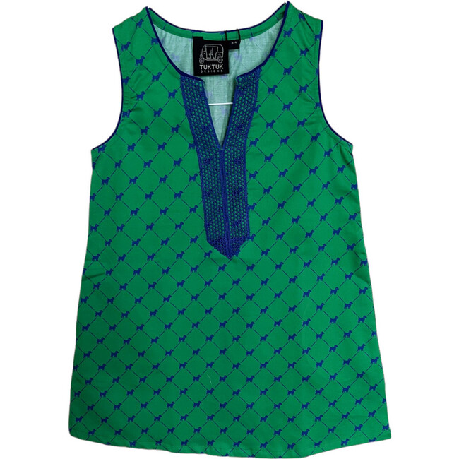 Puppies Print Sleeveless Shift Dress, Green