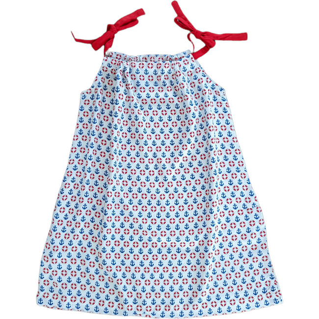 Nautical Sleeveless Shoulder Tie Dress, White