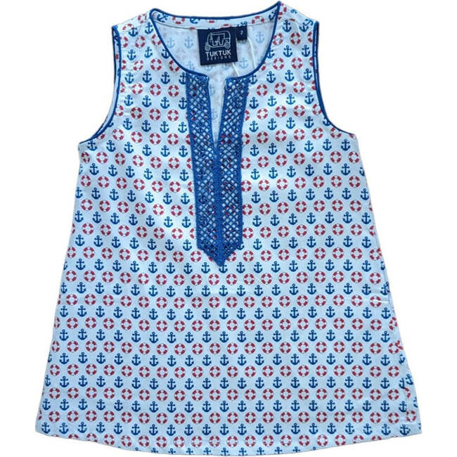 Nautical Print Sleeveless Shift Dress, White And Red