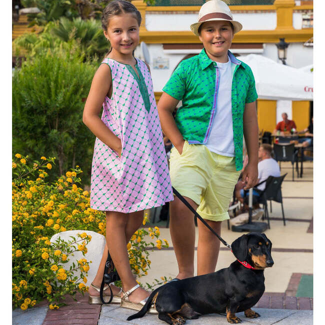 Puppies Print Short Sleeve Collared Shirt, Green - Shirts - 2