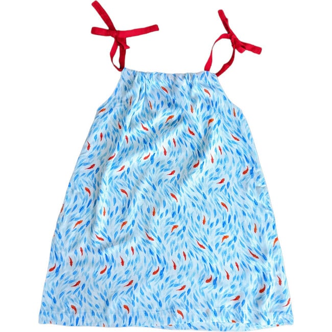 Koi Pond Sleeveless Shoulder Tie Dress, White And Blue