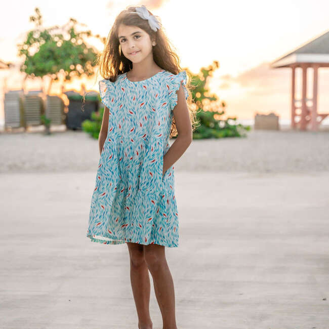 Koi Pond Short Sleeve Tier Dress, Blue