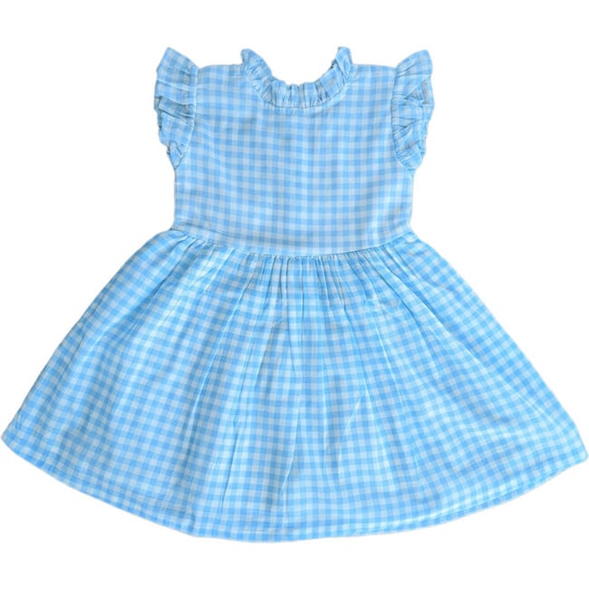 Gingham Checked Sleeveless Ruffle Dress, Blue