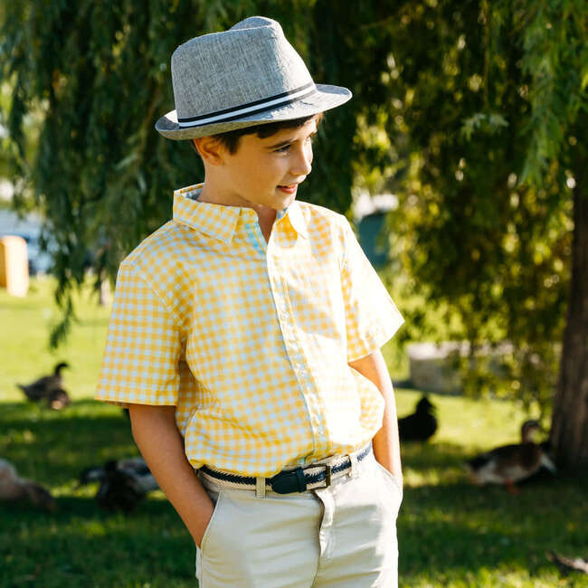 Gingham Checked Short Sleeve Collared Shirt, Yellow