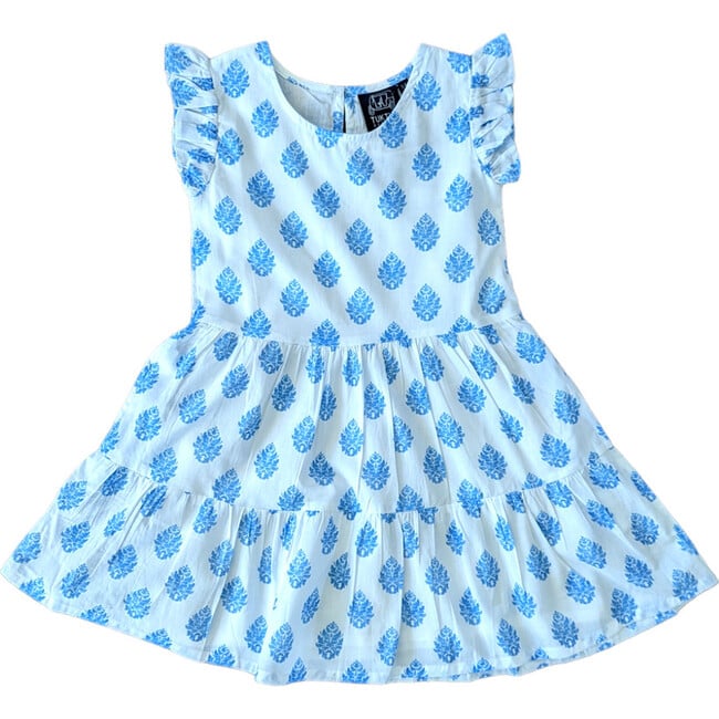Damask Short Sleeve Tier Dress, Blue