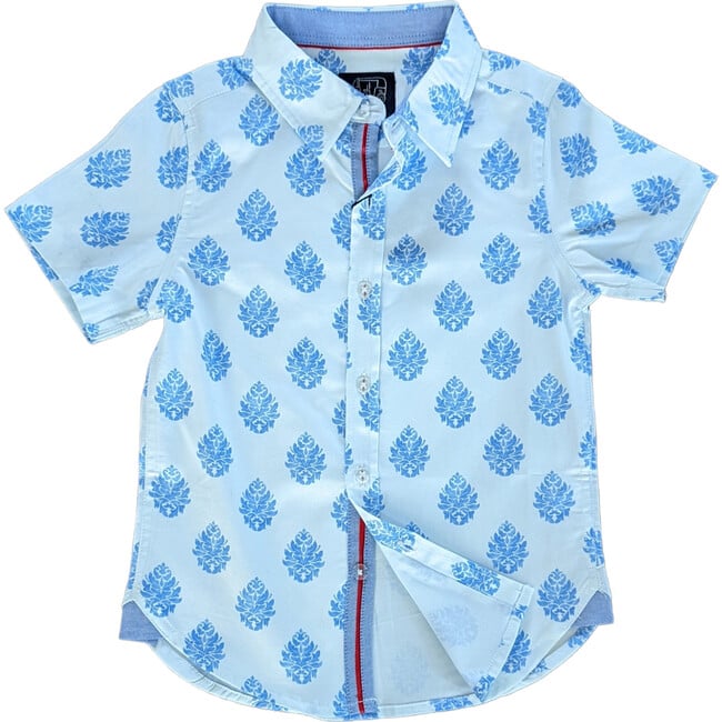 Damask Short Sleeve Collared Shirt , Blue