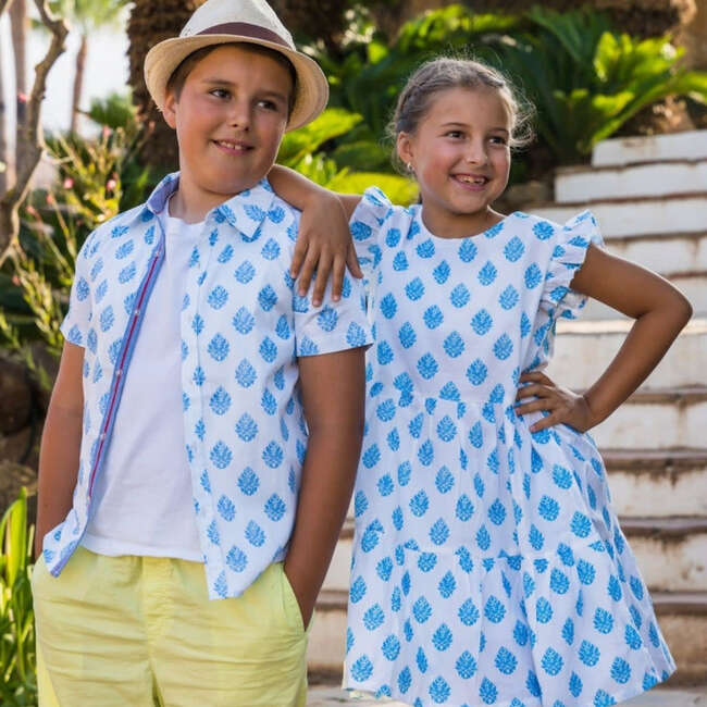 Damask Short Sleeve Tier Dress, Blue