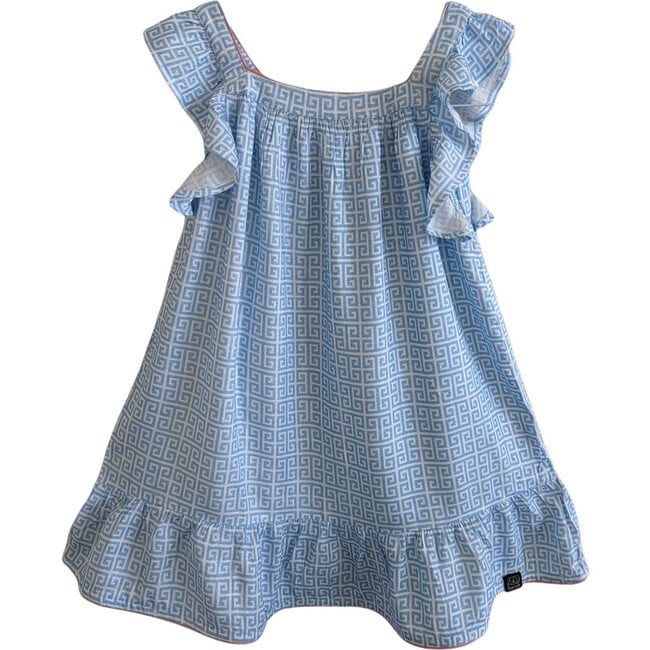 Flutter Sleeve Dress, Greek Key in Ocean