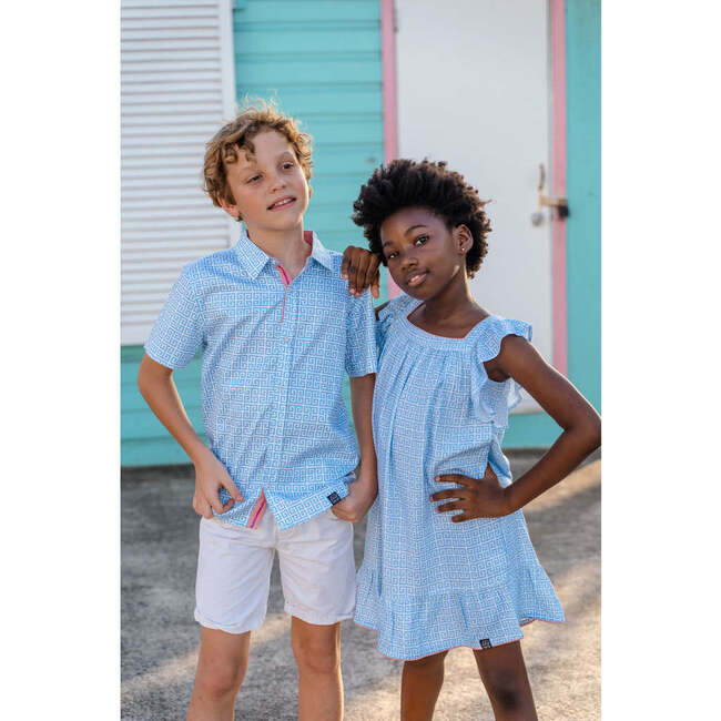 Flutter Sleeve Dress, Greek Key in Ocean