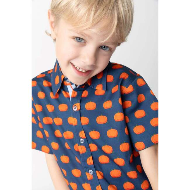 Pumpkin Patch Ribbon Trim Collar Short Sleeve Front Button Shirt, Blue