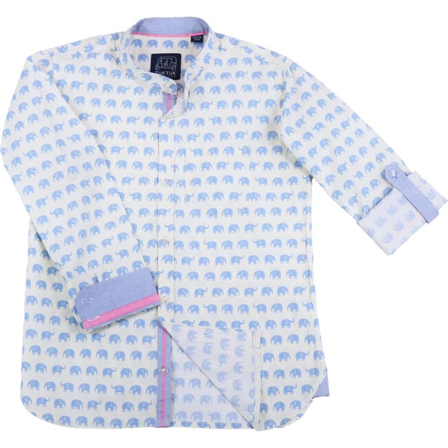 Long Sleeve Mandarin Elephants, Blue
