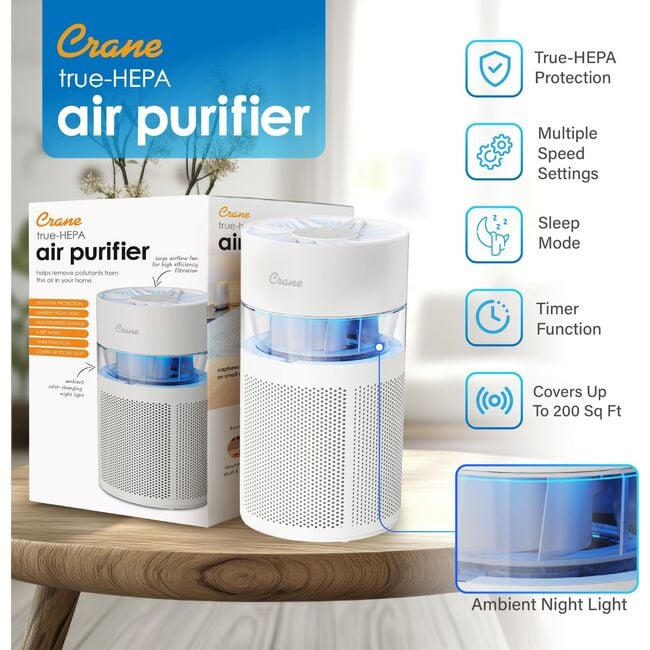 Crane True HEPA Air Purifier, Up To 200 Sq. Ft., With Aroma Tray, Night Light, Adjustable Fan Speed and Timer Function - Personal Care - 5
