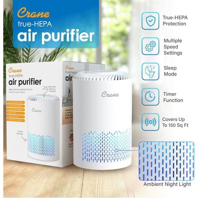 Crane True HEPA Air Purifier, Up To 150Sq. Ft., With Aroma Tray, Night Light, Adjustable Fan Speed and Timer Function - Personal Care - 5