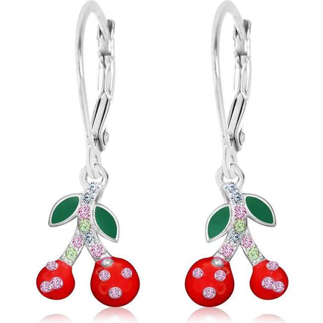 Red Cherries Crystal White Gold Palladium Girl's Leverback Earrings