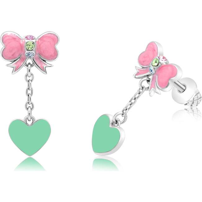Pink Ribbon Green Heart Crystal Palladium Plating Screwback Stud Girls Earring