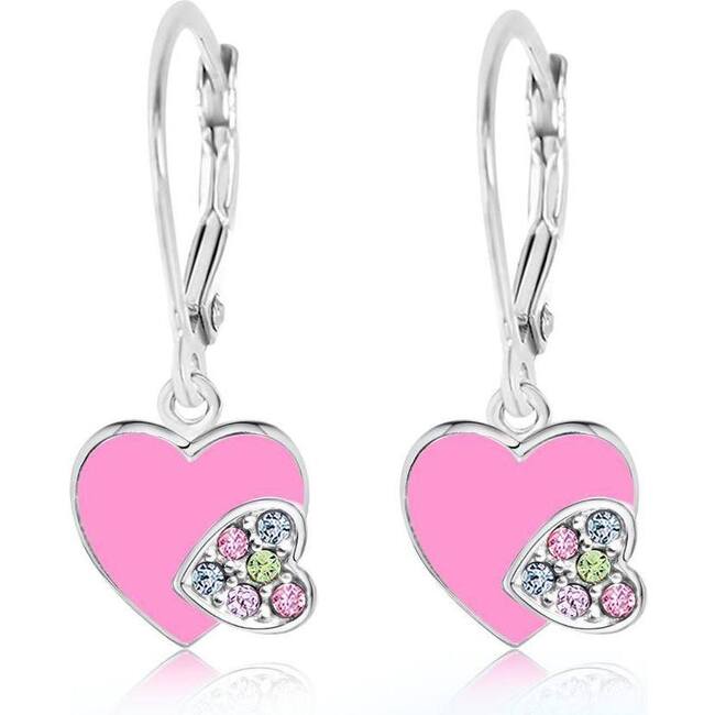 Hearts Multi-colored Crystal Enamel White Gold Palladium Plating Girl's  Leverback Earrings Pink