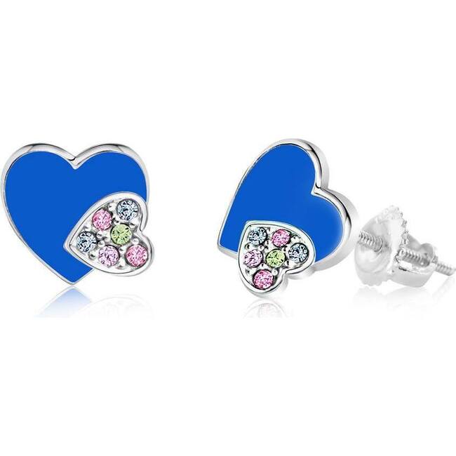Hearts Multi-colored Crystal Enamel White Gold Palladium Plating Girl's  Screwback stud Earrings Blue