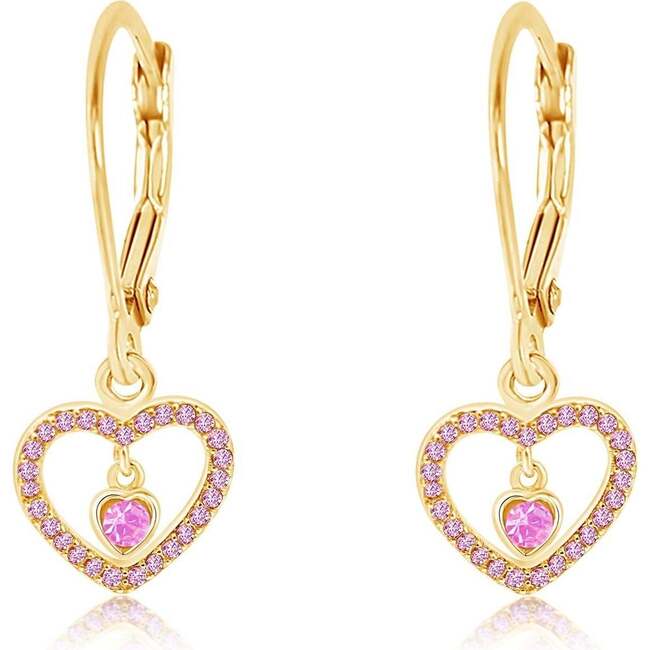 Heart Pink Crystal Yellow Gold Plating Girls Leverback Earring