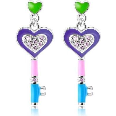 Heart Key Enamel Crystal Palladium Plating Girl's Screwback Stud Earring