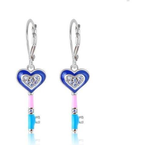 Heart Key Enamel Crystal Palladium Plating Girl's Leverback Earring