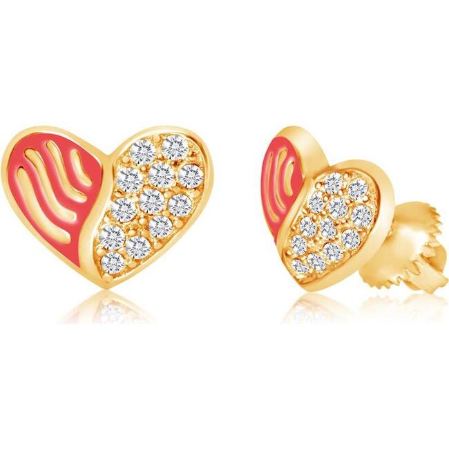 Heart Enamel White Crystal Yellow Gold Plating Girl's Stud Earring