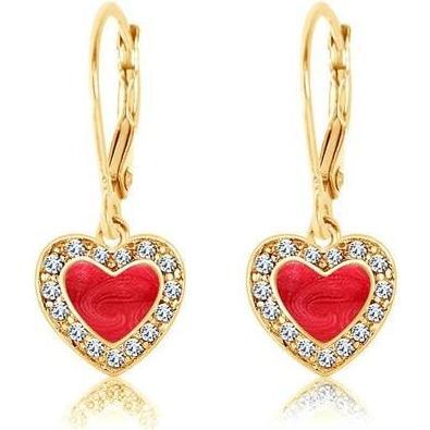 Heart Enamel Crystal Yellow Gold Plating Girl's Leverback Earring Red