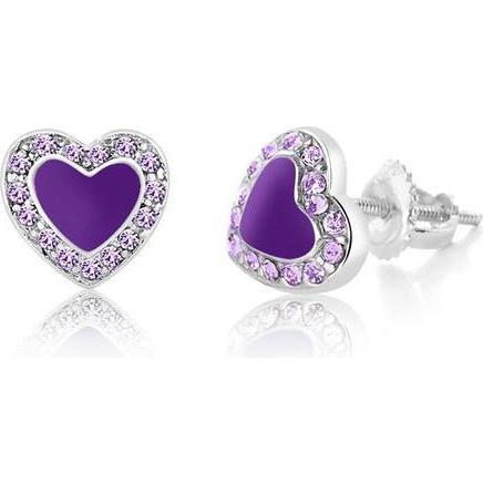 Heart Enamel Crystal Palldium Plating Girl's Screwback Stud Earring Purple